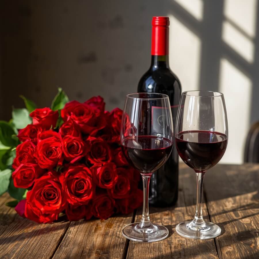 A bouquet of red roses beside two glasses of red wine and a bottle, set on a wooden table.